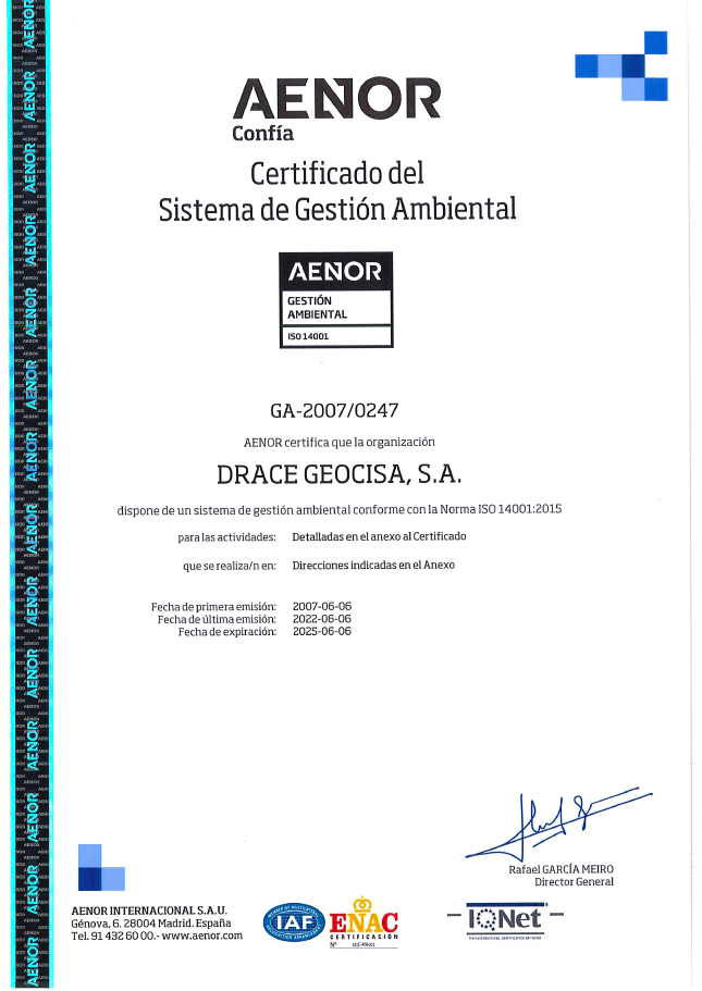Certificado AENOR - Sistema de Gestión Ambiental