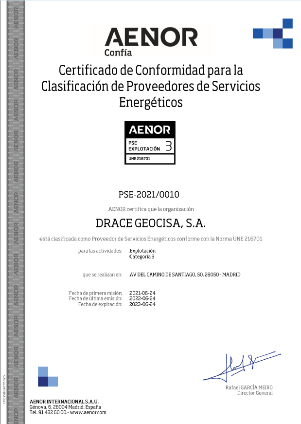 Certificado AENOR - Clasificación de Proveedores de Servicios Energéticos